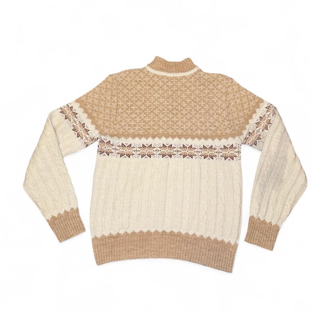 Vtg Jantzen Sweater Women’s Size M Tan Cream Fair Isle Cable Knit Made in USA - Picture 2 of 5